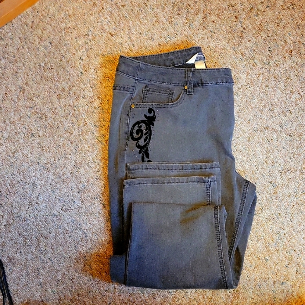 CJ Banks Gray Jeans with Black Embroidery